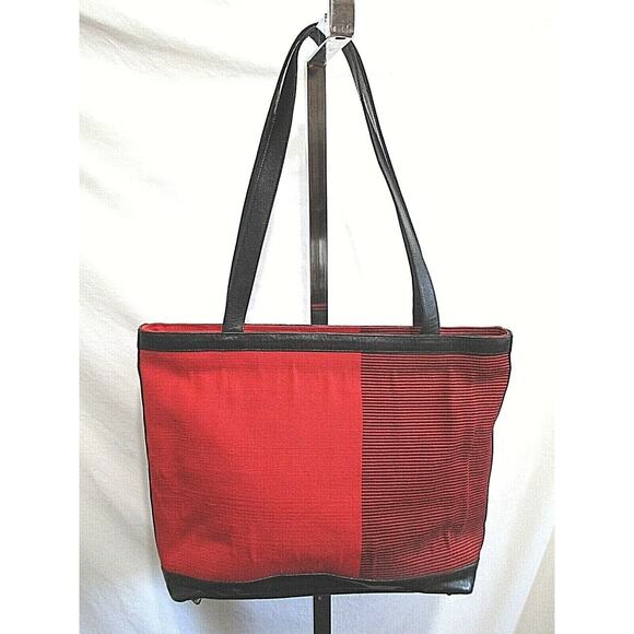 EUC! Kuskaya Peru Large Red & Black Fabric & Leather Shoulder Tote Handbag - Picture 2 of 11
